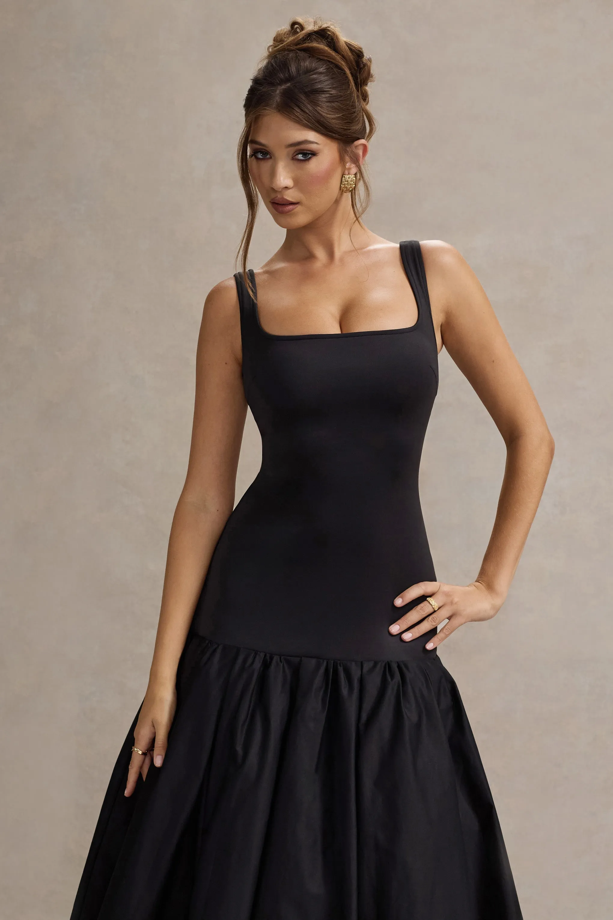 Parida | Black Poplin Drop-Waist Midi Dress With Peplum Hem sold by Club L London product image thumbnail 3