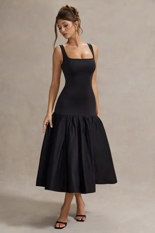 Parida | Black Poplin Drop-Waist Midi Dress With Peplum Hem sold by Club L London