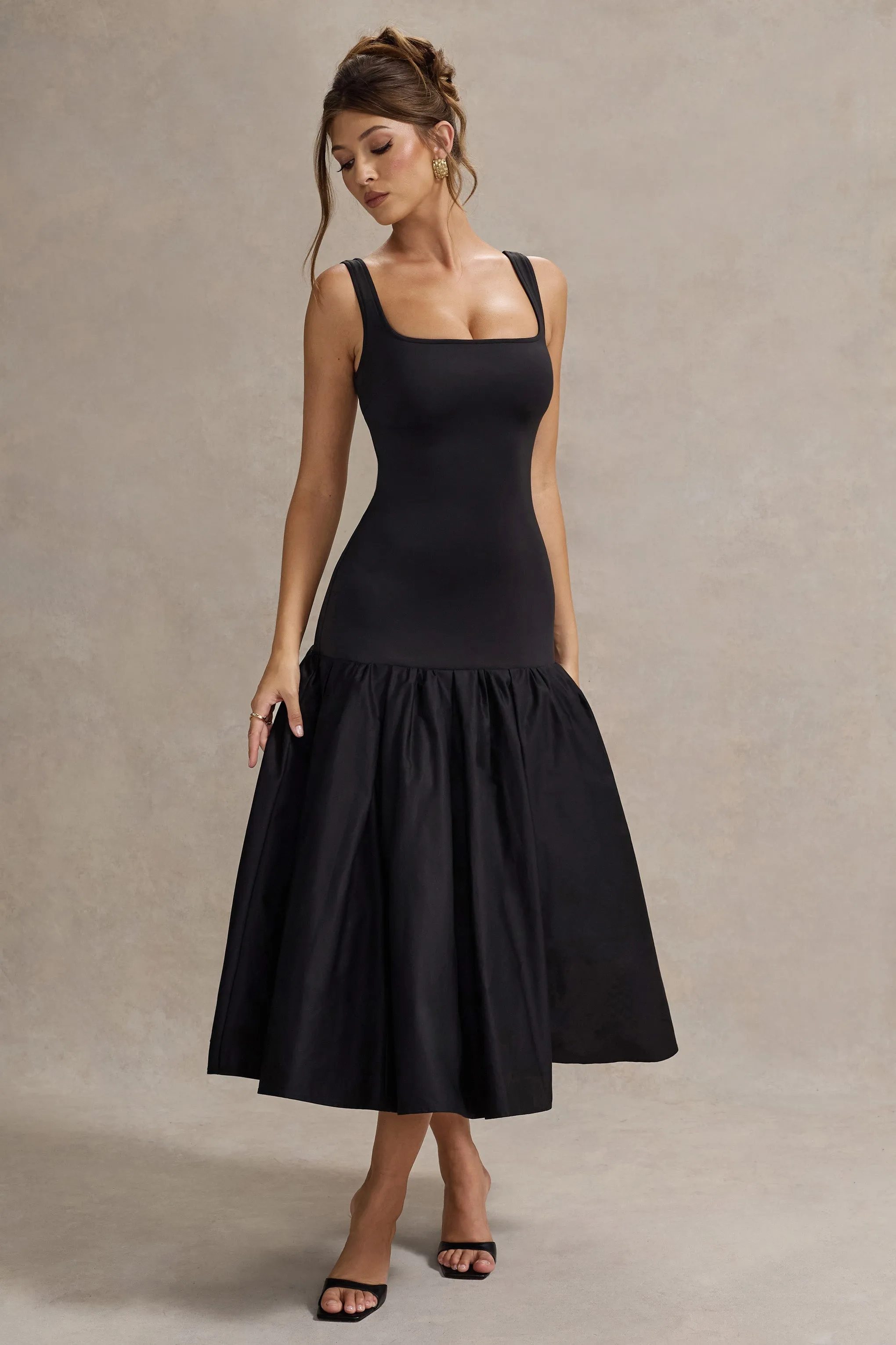 Parida | Black Poplin Drop-Waist Midi Dress With Peplum Hem sold by Club L London