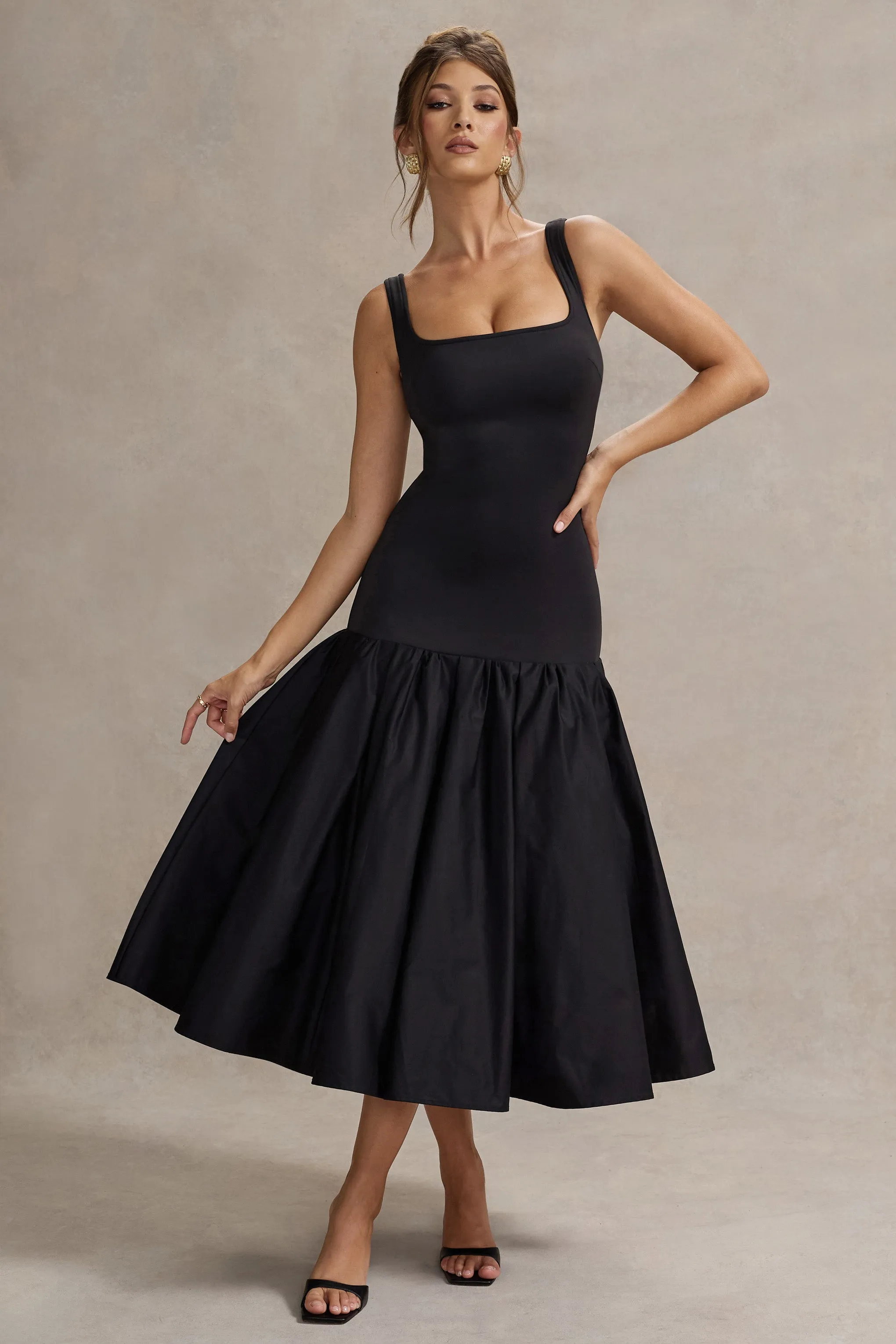 Parida | Black Poplin Drop-Waist Midi Dress With Peplum Hem sold by Club L London product image thumbnail 5