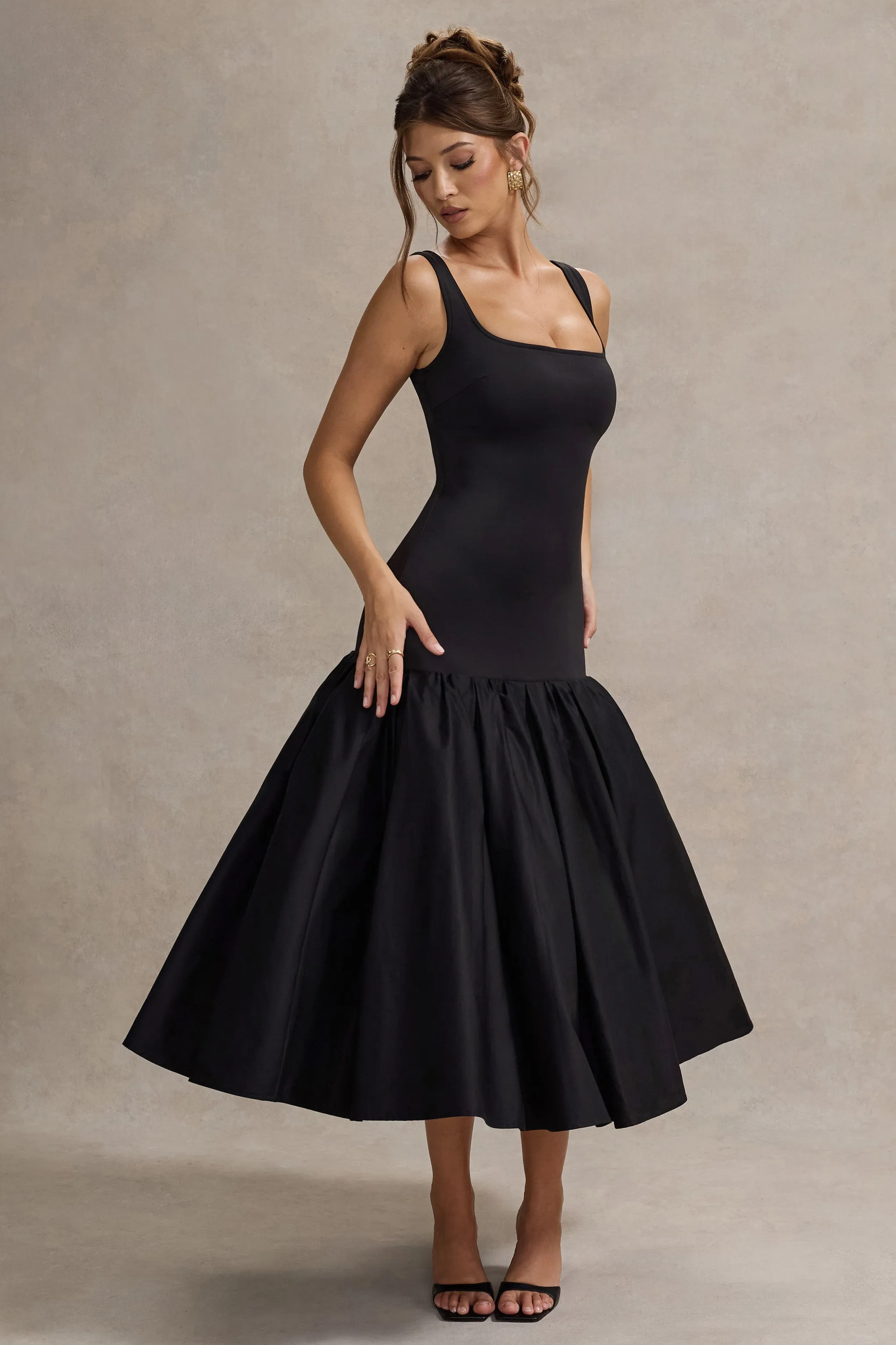 Parida | Black Poplin Drop-Waist Midi Dress With Peplum Hem sold by Club L London product image thumbnail 4