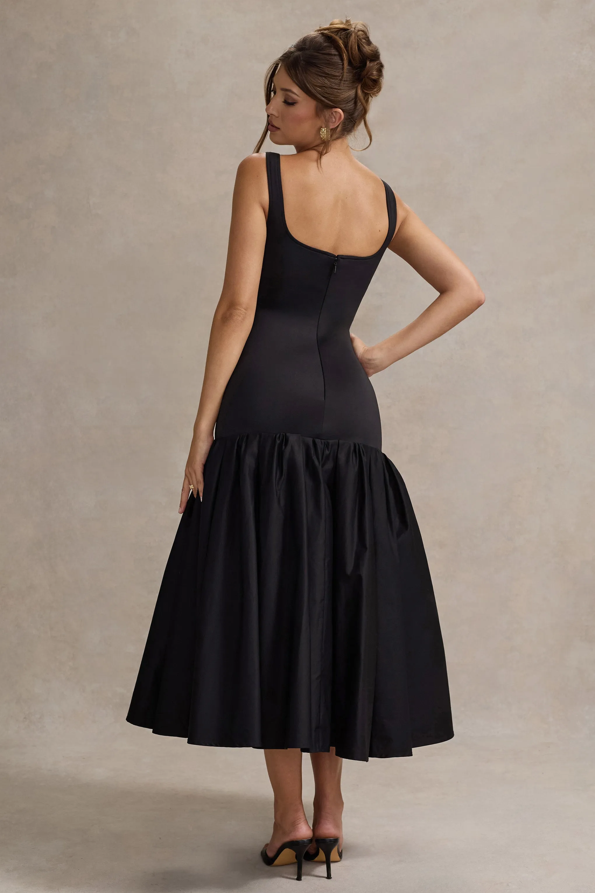 Parida | Black Poplin Drop-Waist Midi Dress With Peplum Hem sold by Club L London product image thumbnail 2