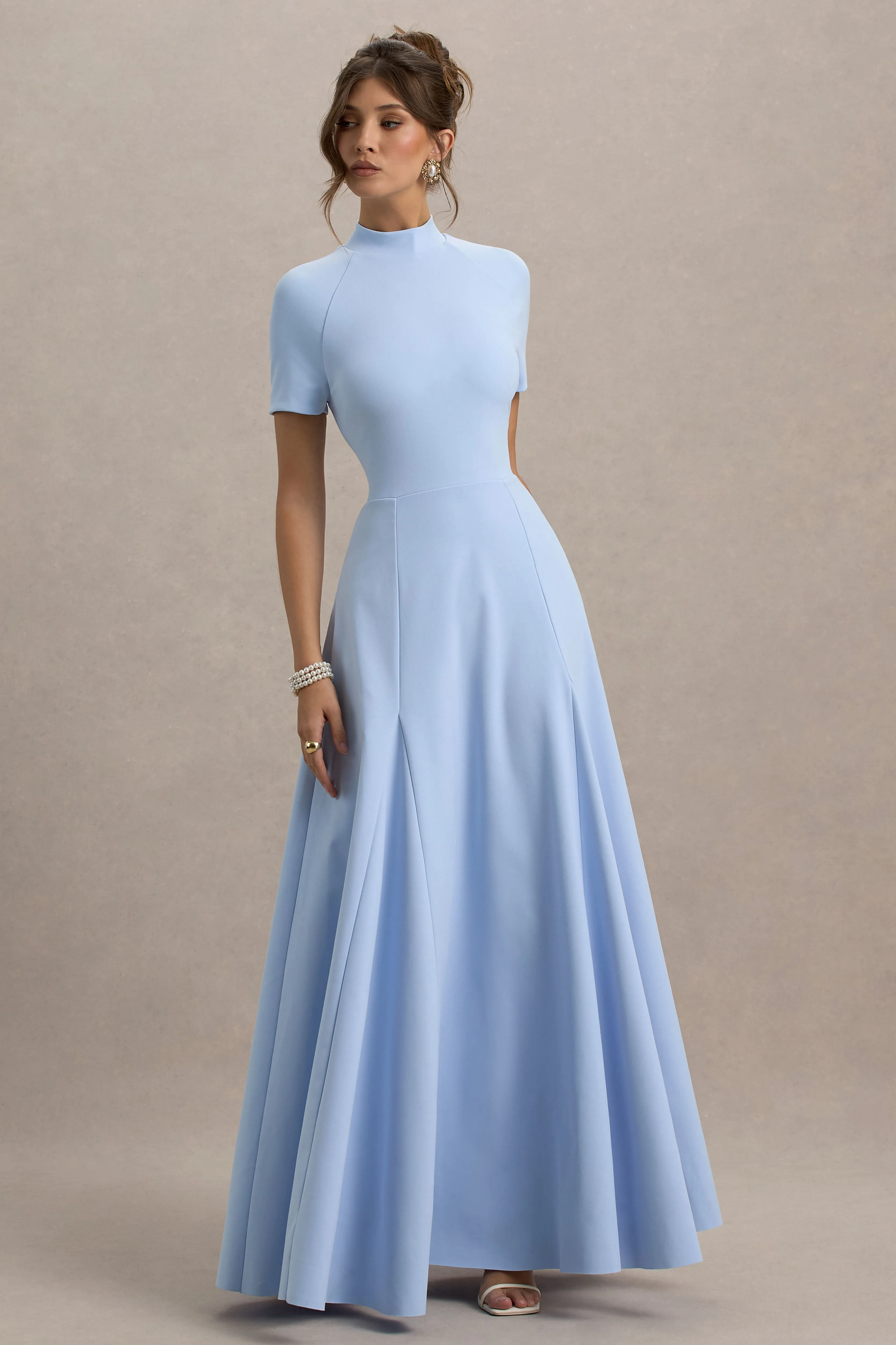 Alea | Powder Blue High-Neck Short-Sleeve Maxi Dress sold by Club L London