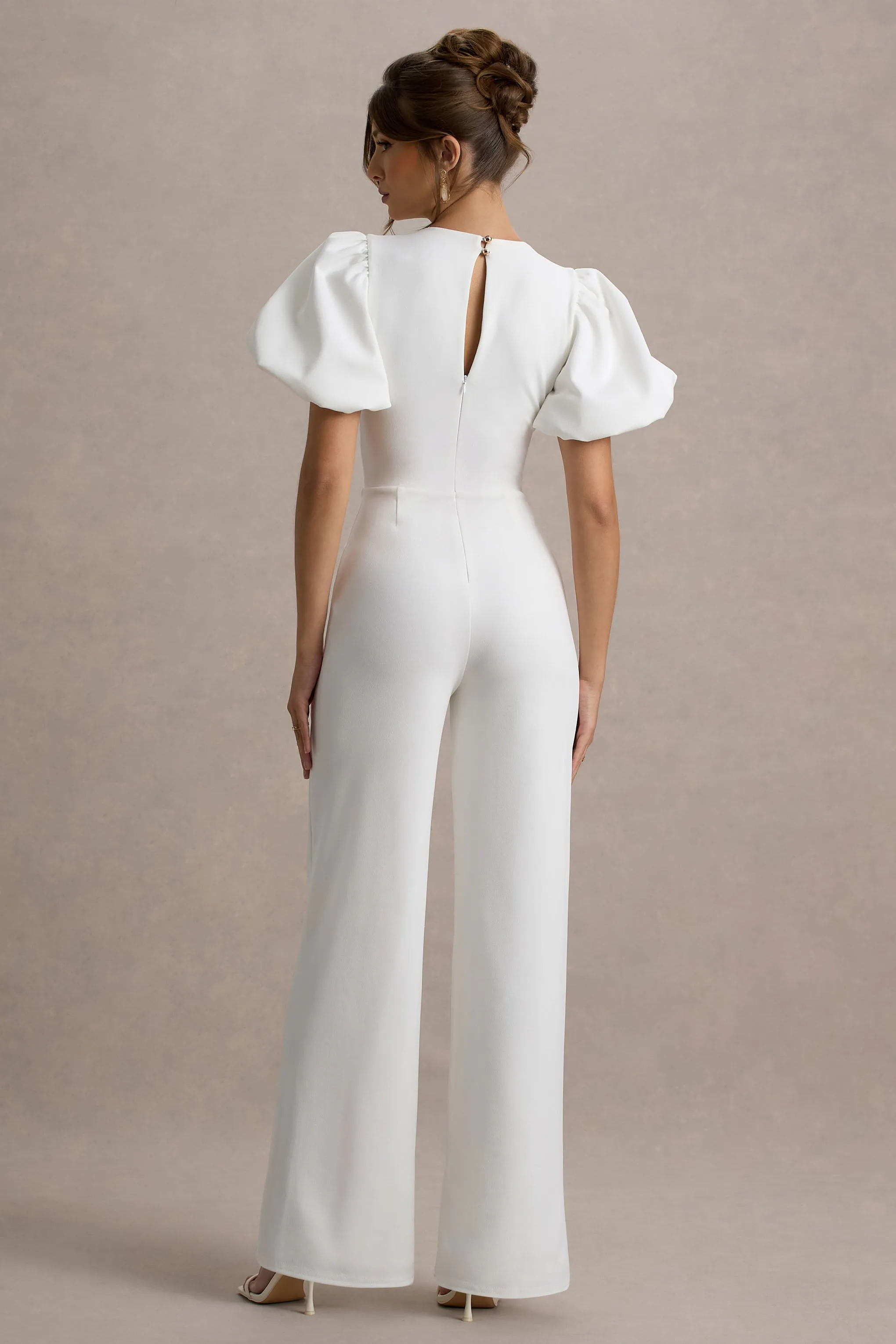 Dillon | White Puff-Sleeve Straight-Leg Jumpsuit sold by Club L London product image thumbnail 2