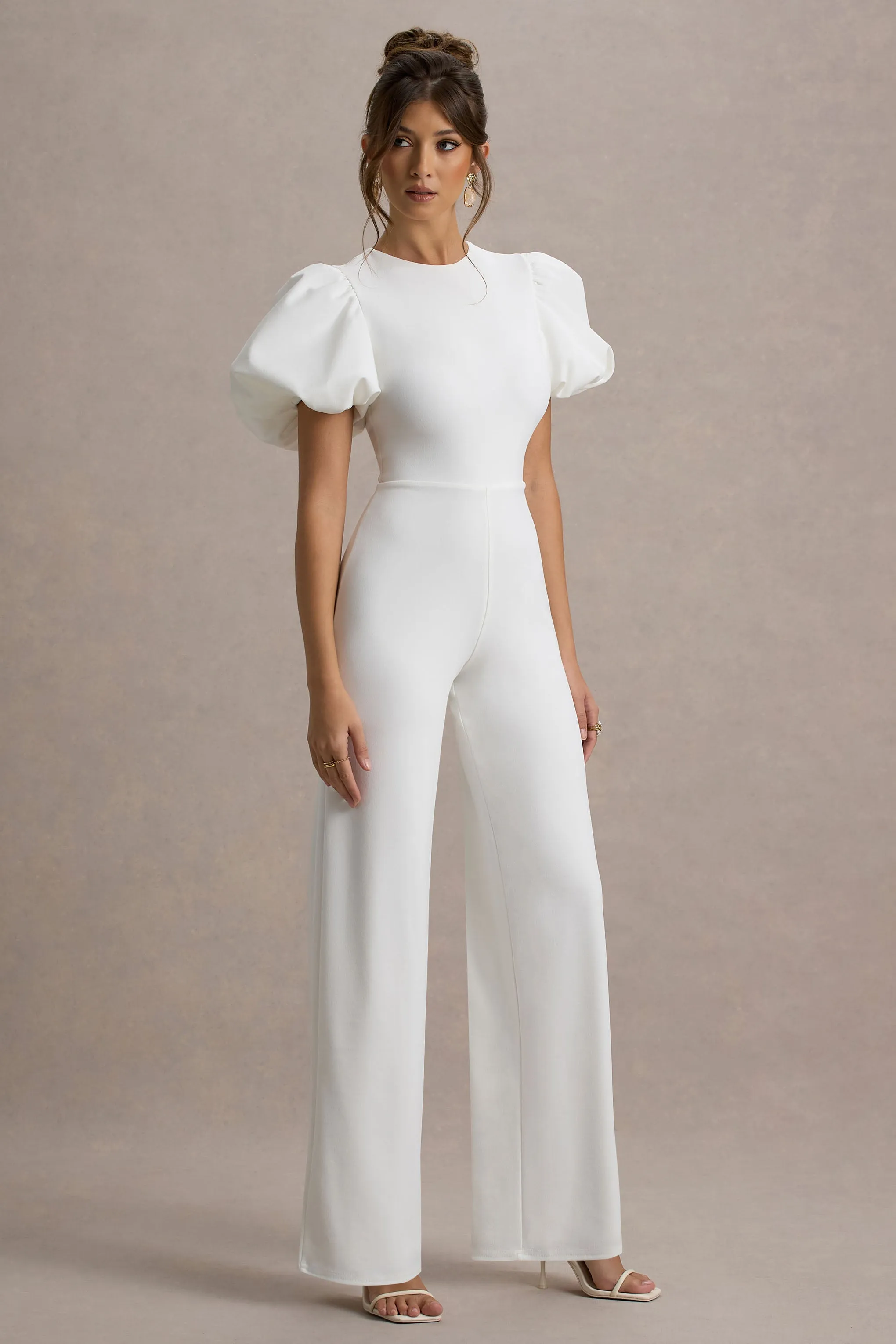 Dillon | White Puff-Sleeve Straight-Leg Jumpsuit sold by Club L London product image thumbnail 4