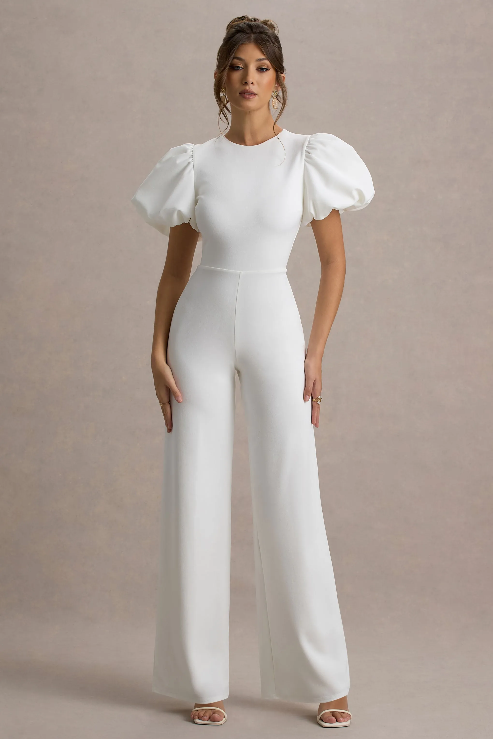 Dillon | White Puff-Sleeve Straight-Leg Jumpsuit sold by Club L London