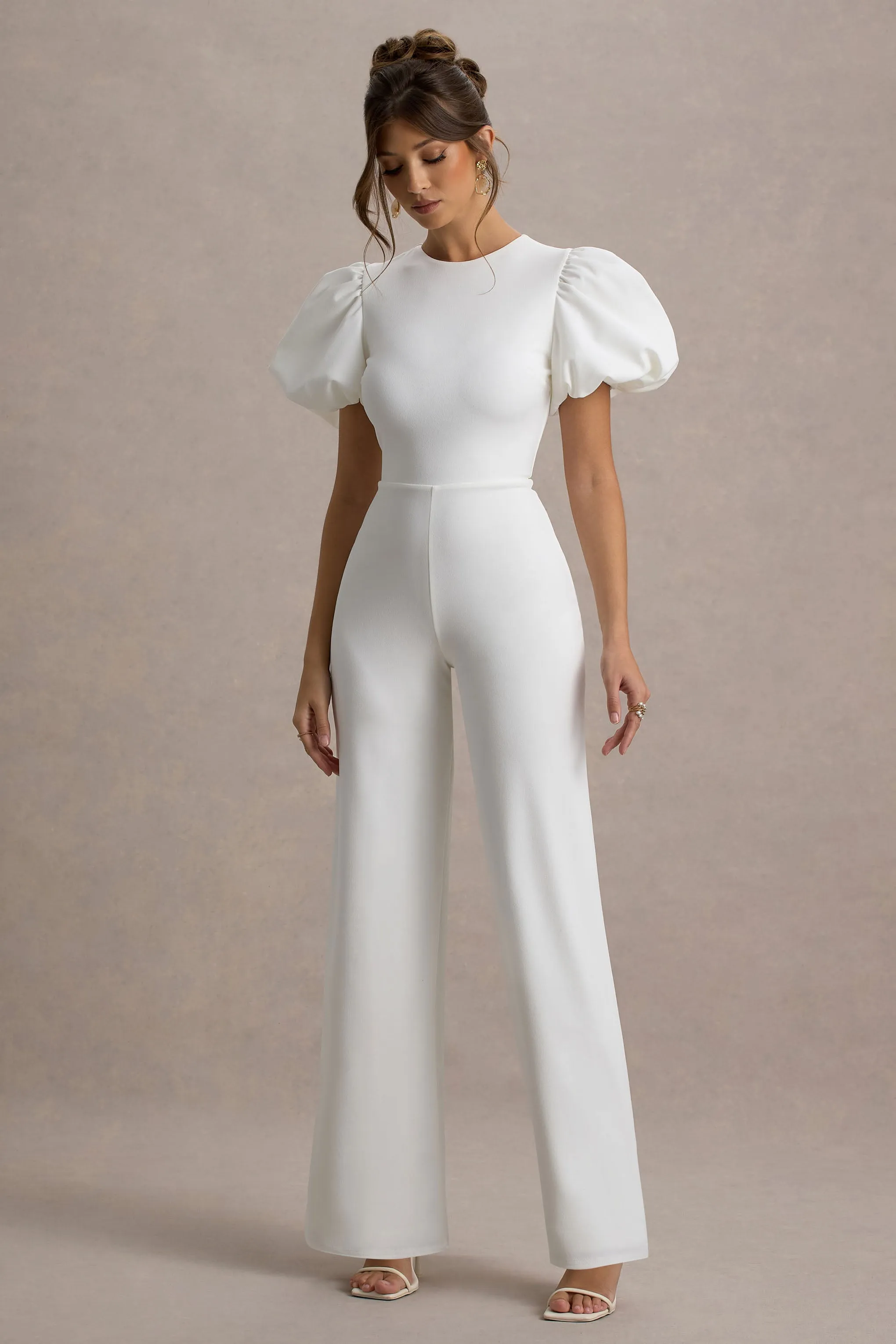 Dillon | White Puff-Sleeve Straight-Leg Jumpsuit sold by Club L London product image thumbnail 5