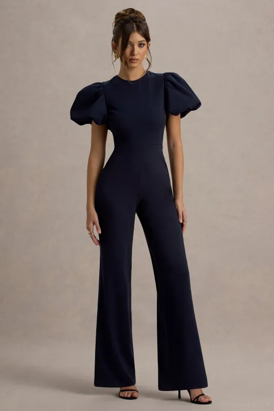 Dillon | Navy Puff-Sleeve Straight-Leg Jumpsuit sold by Club L London