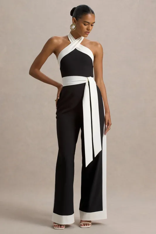Caterina | Black & White Halter-Neck Wide-Leg Jumpsuit sold by Club L London