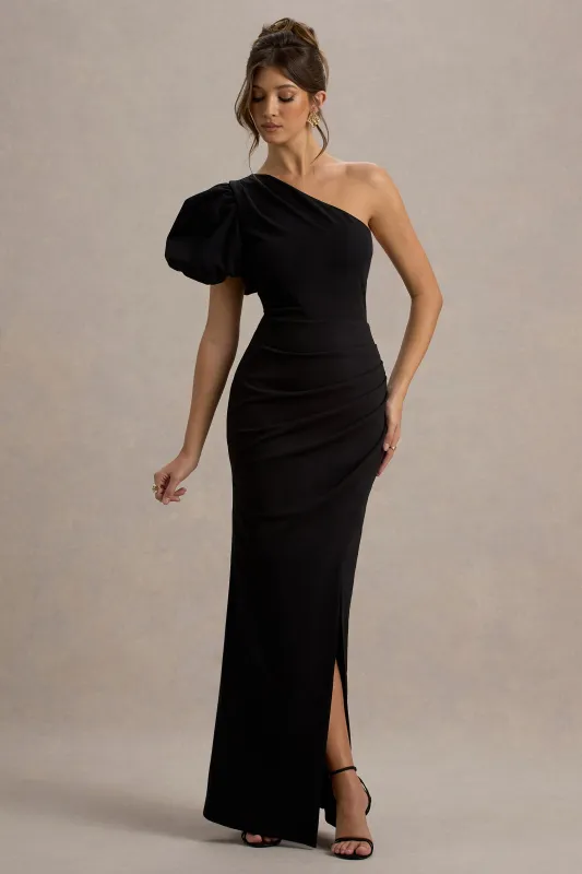 Vittoria | Black Asymmetric Puff-Sleeve Split Maxi Dress sold by Club L London