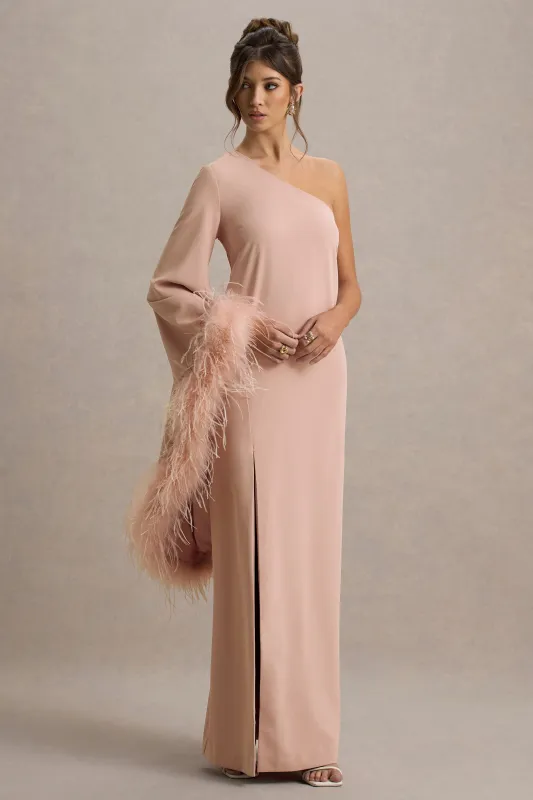 Armina | Blush Pink One-Shoulder Feather-Trim Maxi Dress sold by Club L London
