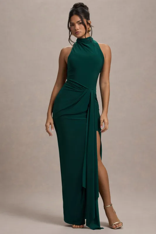 Khari | Bottle Green High-Neck Twisted Maxi Dress With Drape sold by Club L London