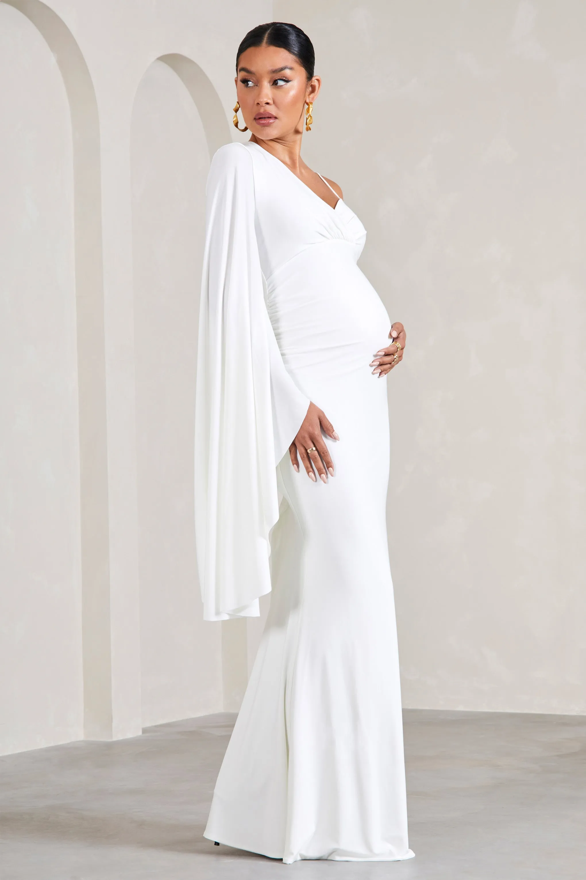 Rhea | White V-Neck Split Maternity Maxi Dress With Cape Sleeve sold by Club L London product image thumbnail 3