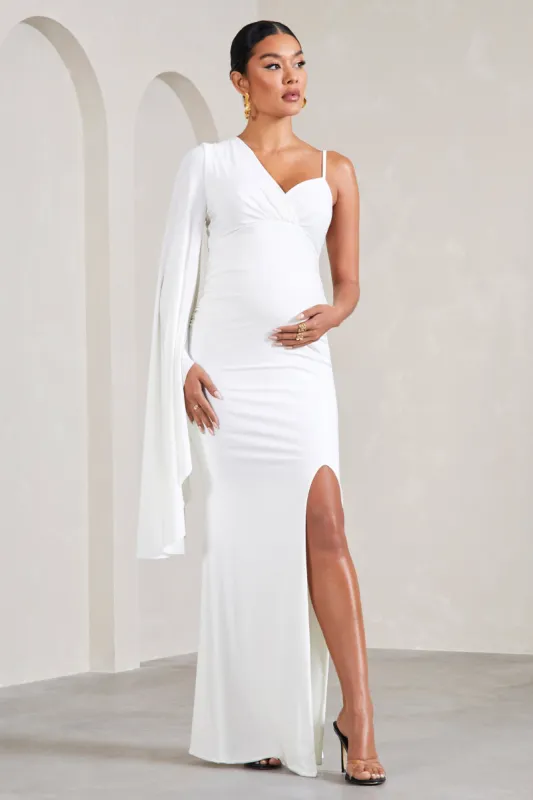 Rhea | White V-Neck Split Maternity Maxi Dress With Cape Sleeve sold by Club L London