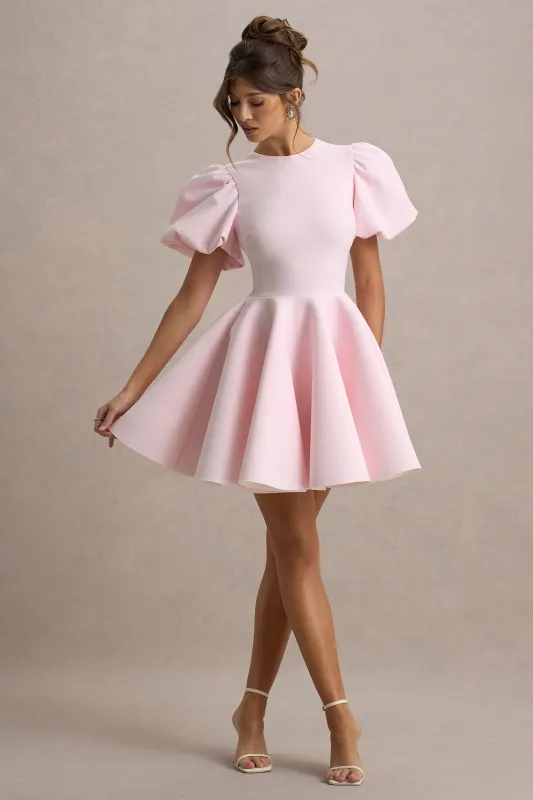 Emelia | Pink Puff-Sleeve Skater Dress sold by Club L London