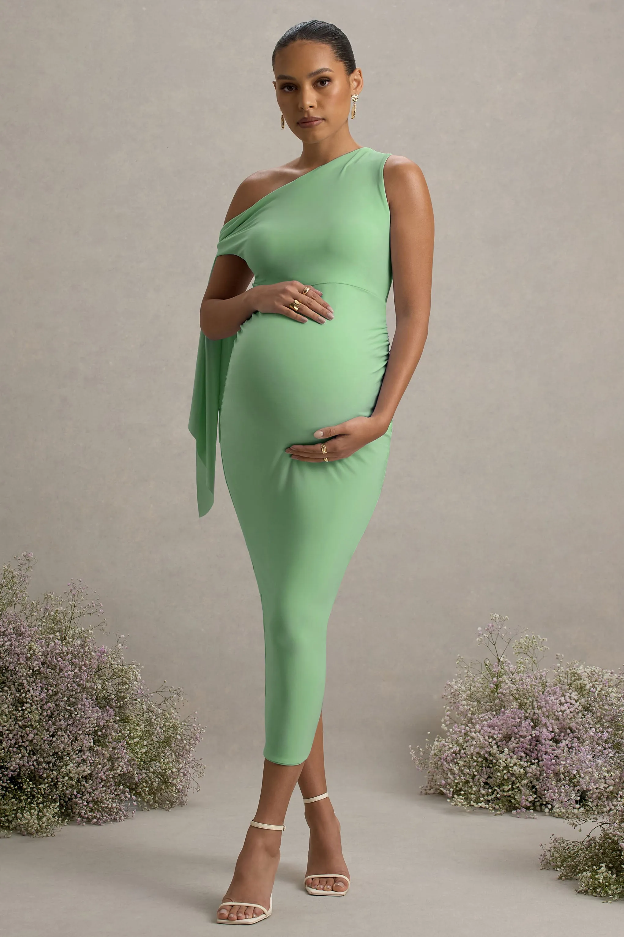 Katarine | Light Green Asymmetric Knot Maternity Midi Dress sold by Club L London product image thumbnail 4