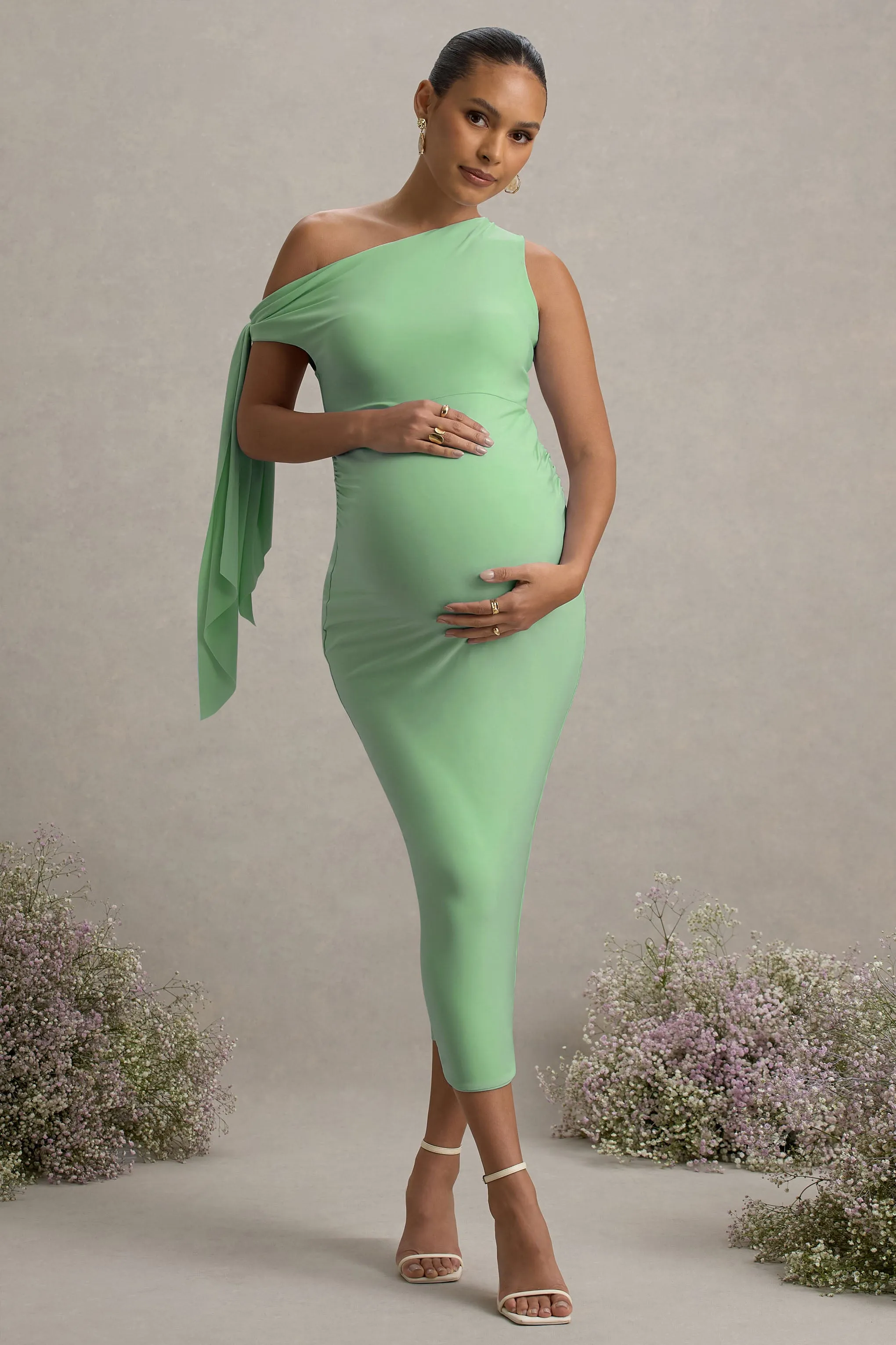 Katarine | Light Green Asymmetric Knot Maternity Midi Dress sold by Club L London