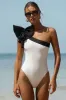 Giovana | White & Black One-Shoulder Swimsuit With Bow sold by Club L London
