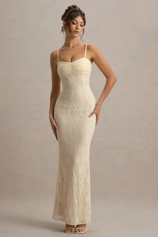 Felicia | Lemon Satin Sweetheart Maxi Dress With Lace Details sold by Club L London