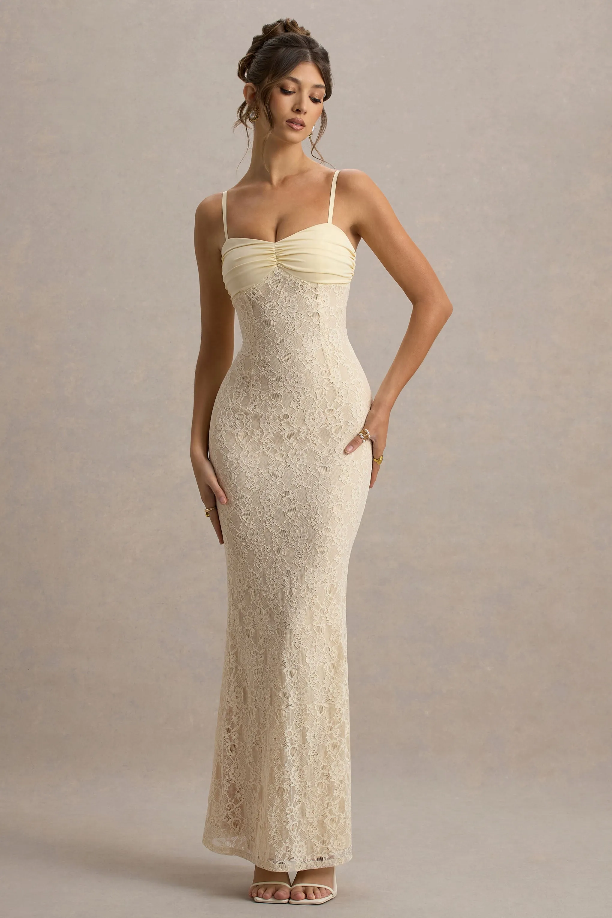 Felicia | Lemon Satin Sweetheart Maxi Dress With Lace Details sold by Club L London