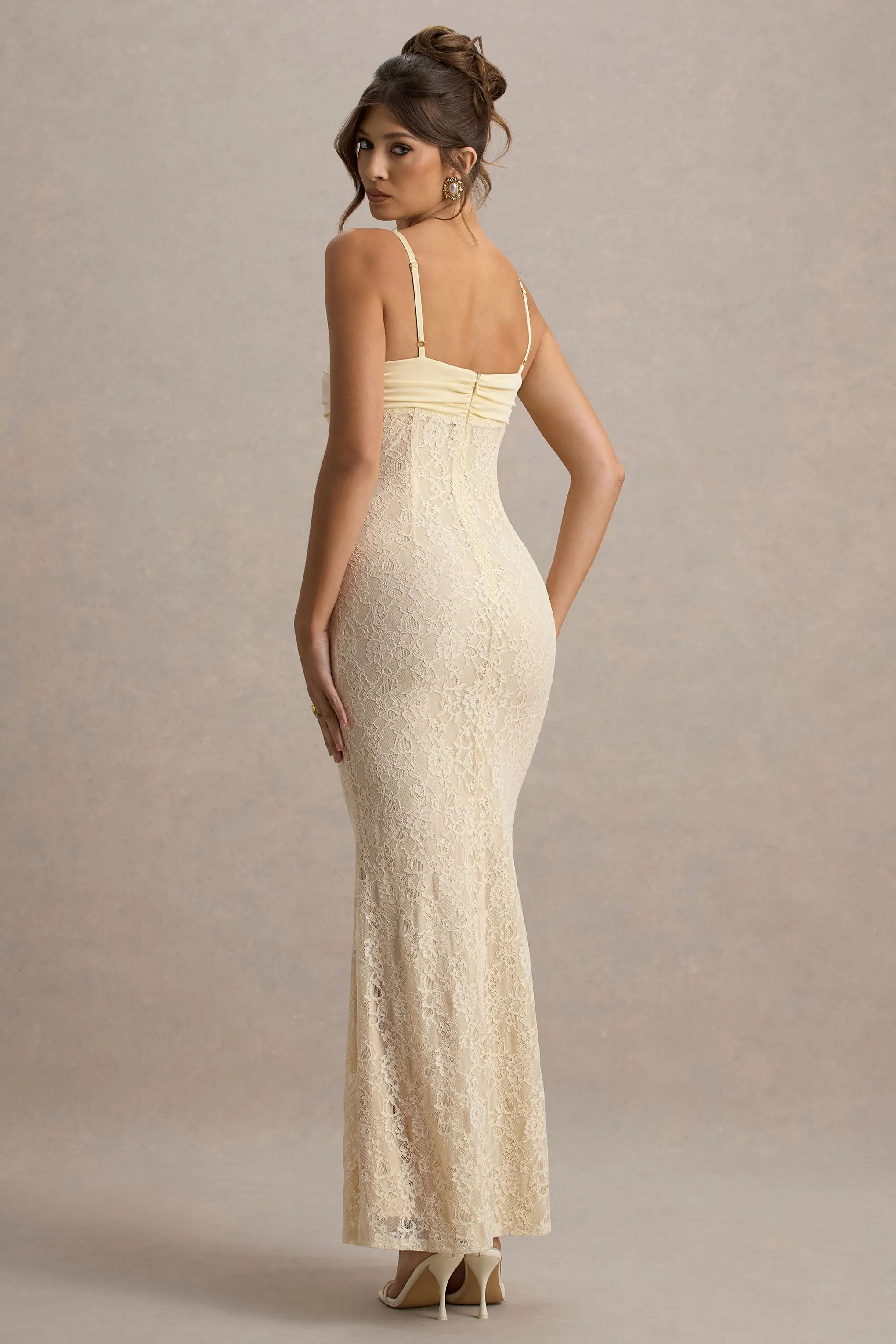 Felicia | Lemon Satin Sweetheart Maxi Dress With Lace Details sold by Club L London product image thumbnail 2
