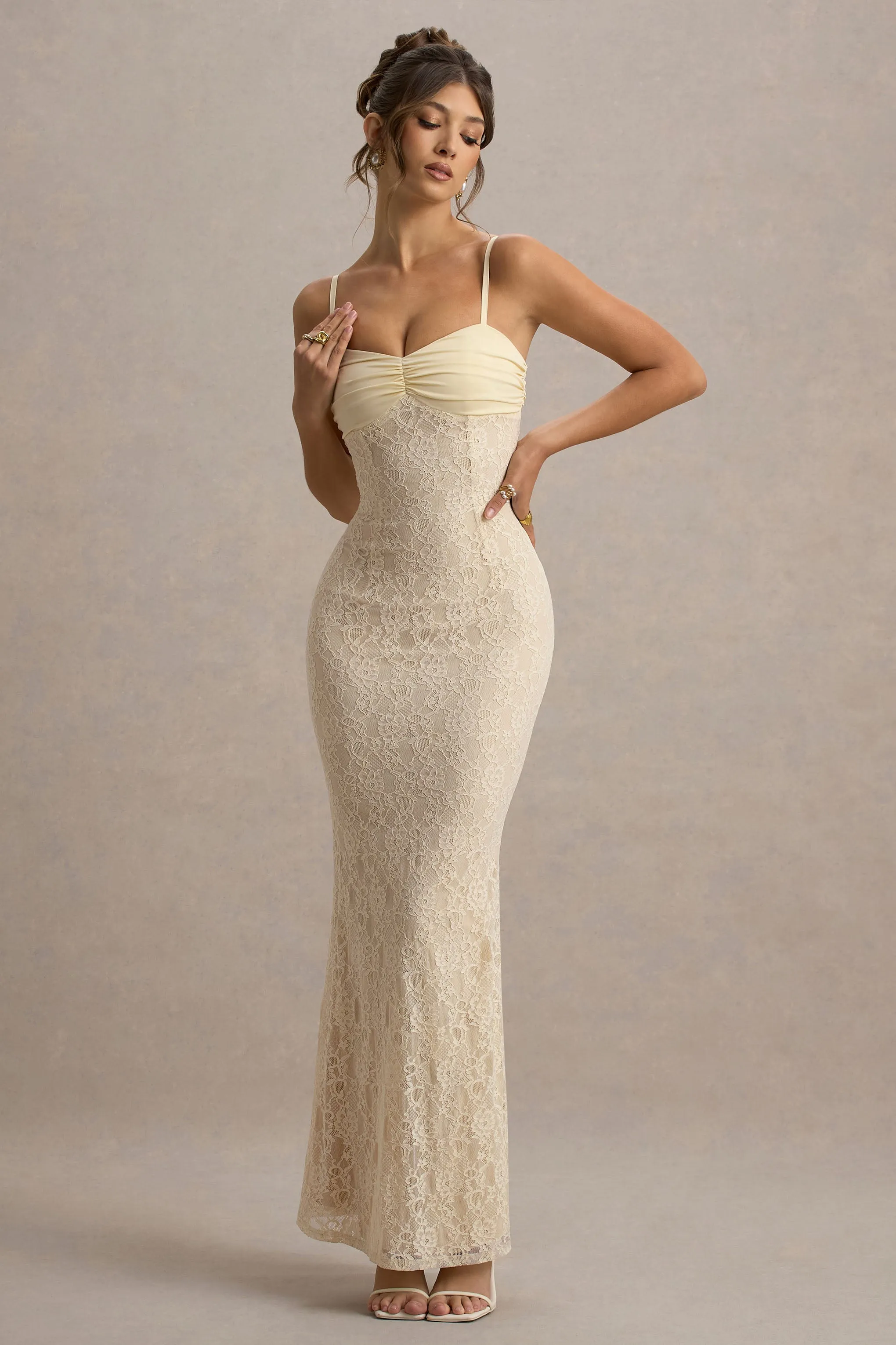 Felicia | Lemon Satin Sweetheart Maxi Dress With Lace Details sold by Club L London product image thumbnail 4