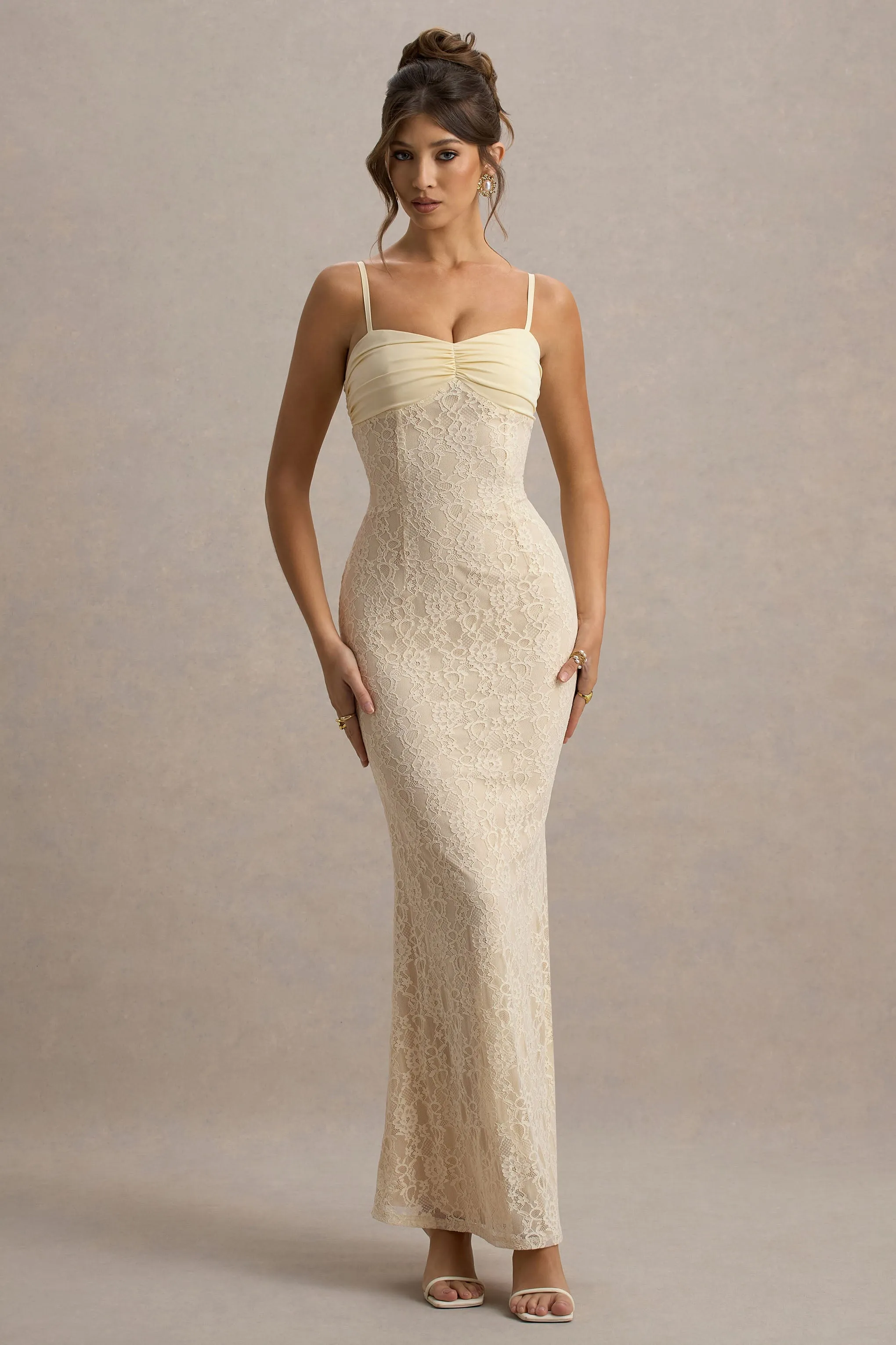 Felicia | Lemon Satin Sweetheart Maxi Dress With Lace Details sold by Club L London product image thumbnail 5