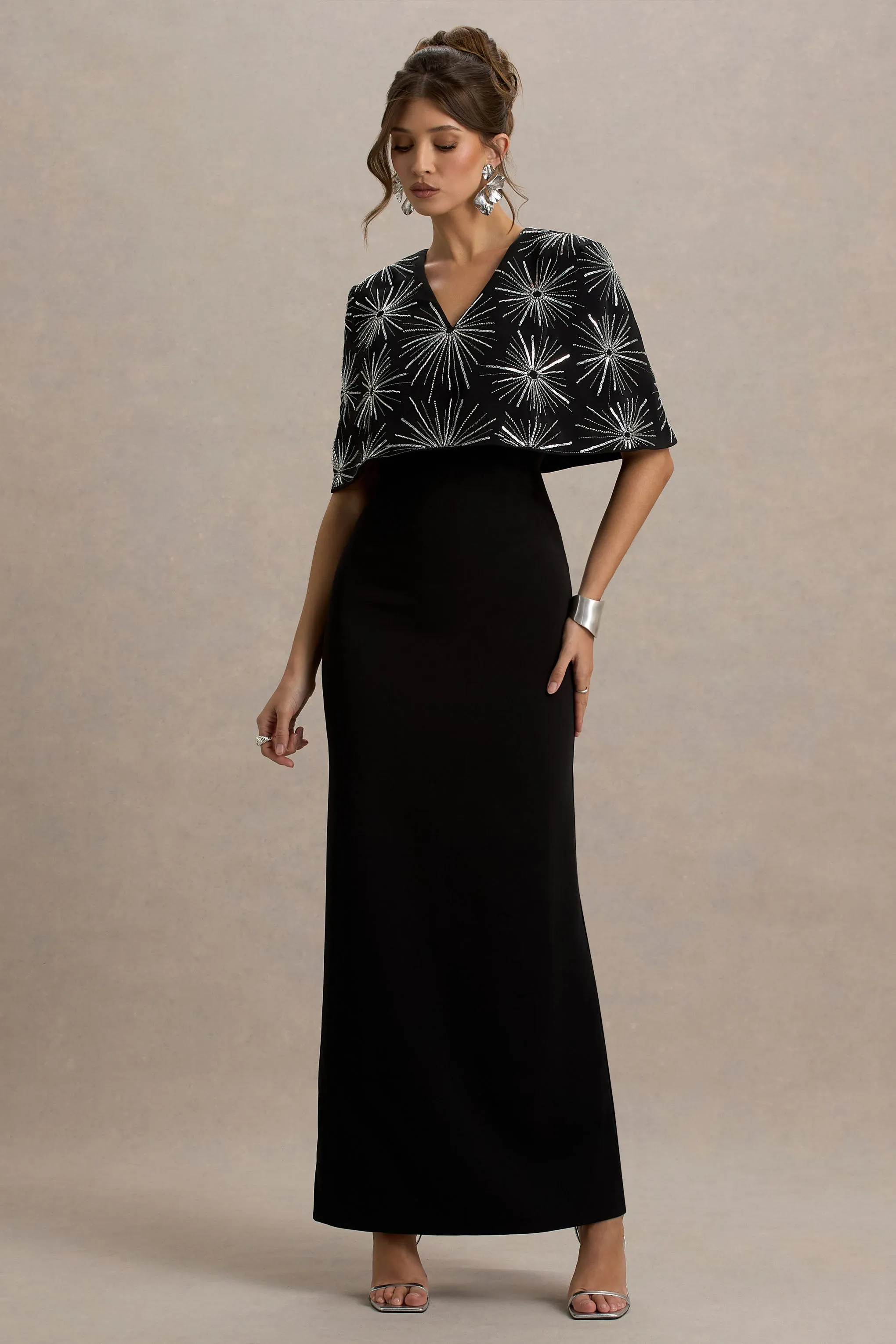 Agnella | Black Embellished V-Neck Maxi Dress sold by Club L London