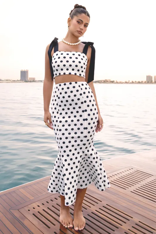 Amadea | Black & White Polka Dot Fishtail Midi Skirt sold by Club L London