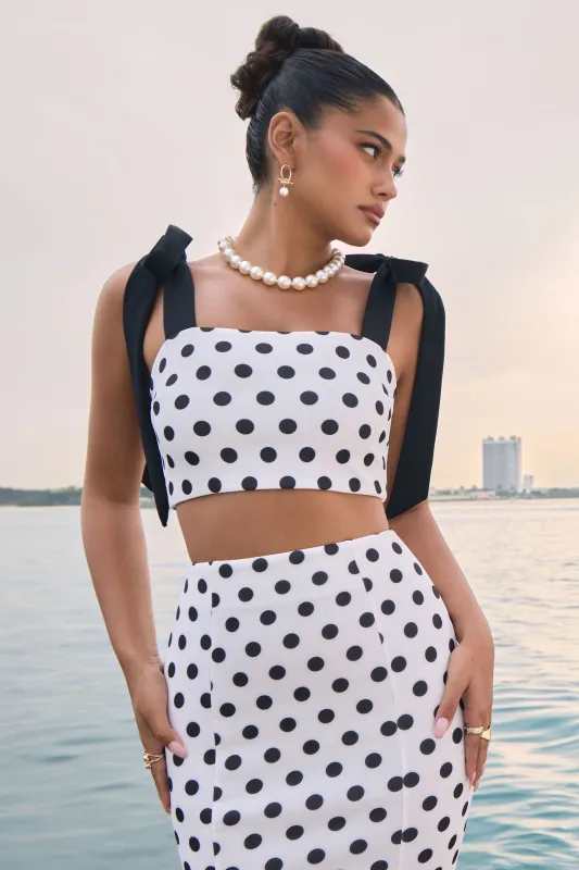 Phoebe | Black & White Polka Dot Crop Top With Tie Straps Tie sold by Club L London
