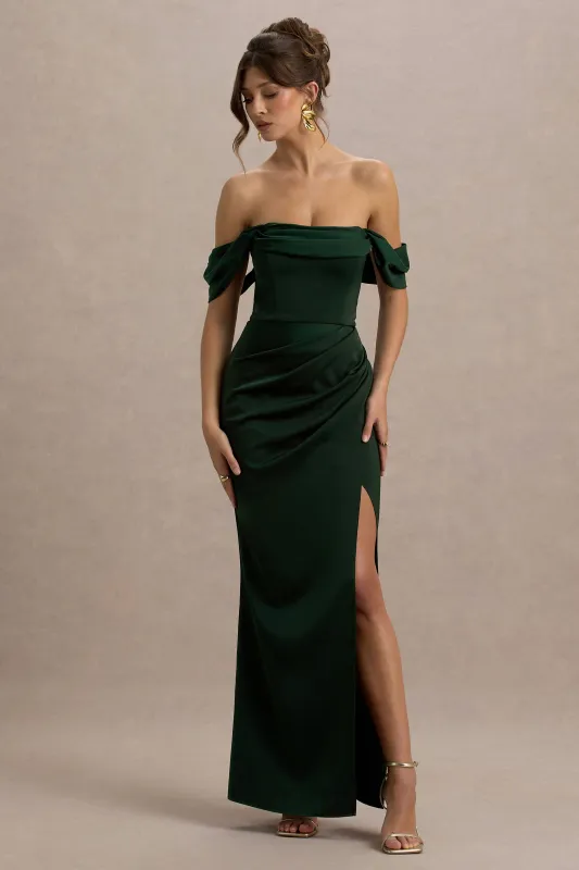 Annie | Bottle Green Satin Bardot Maxi Dress With Split Wrap Skirt sold by Club L London