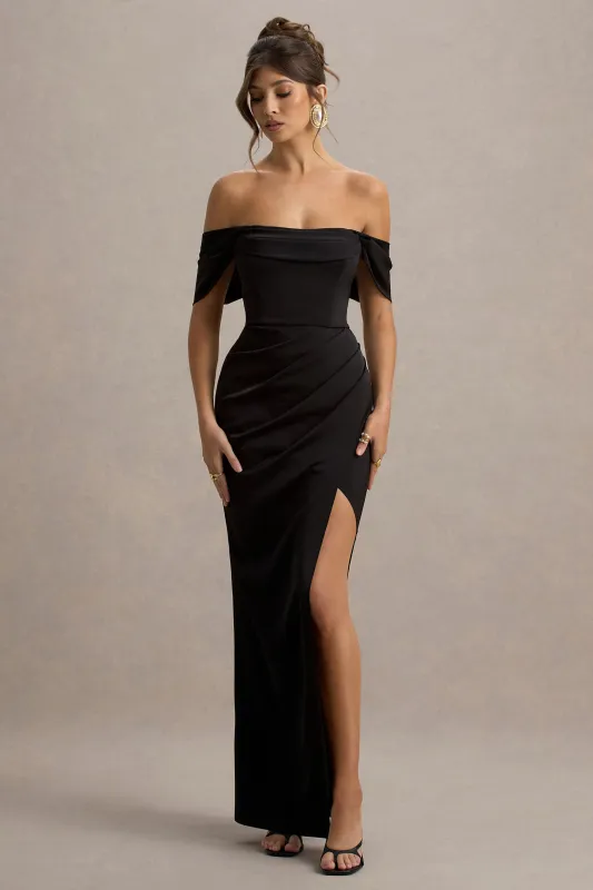Annie | Black Satin Bardot Maxi Dress With Split Wrap Skirt made by Club L London