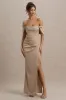 Annie | Champagne Satin Bardot Maxi Dress With Split Wrap Skirt sold by Club L London