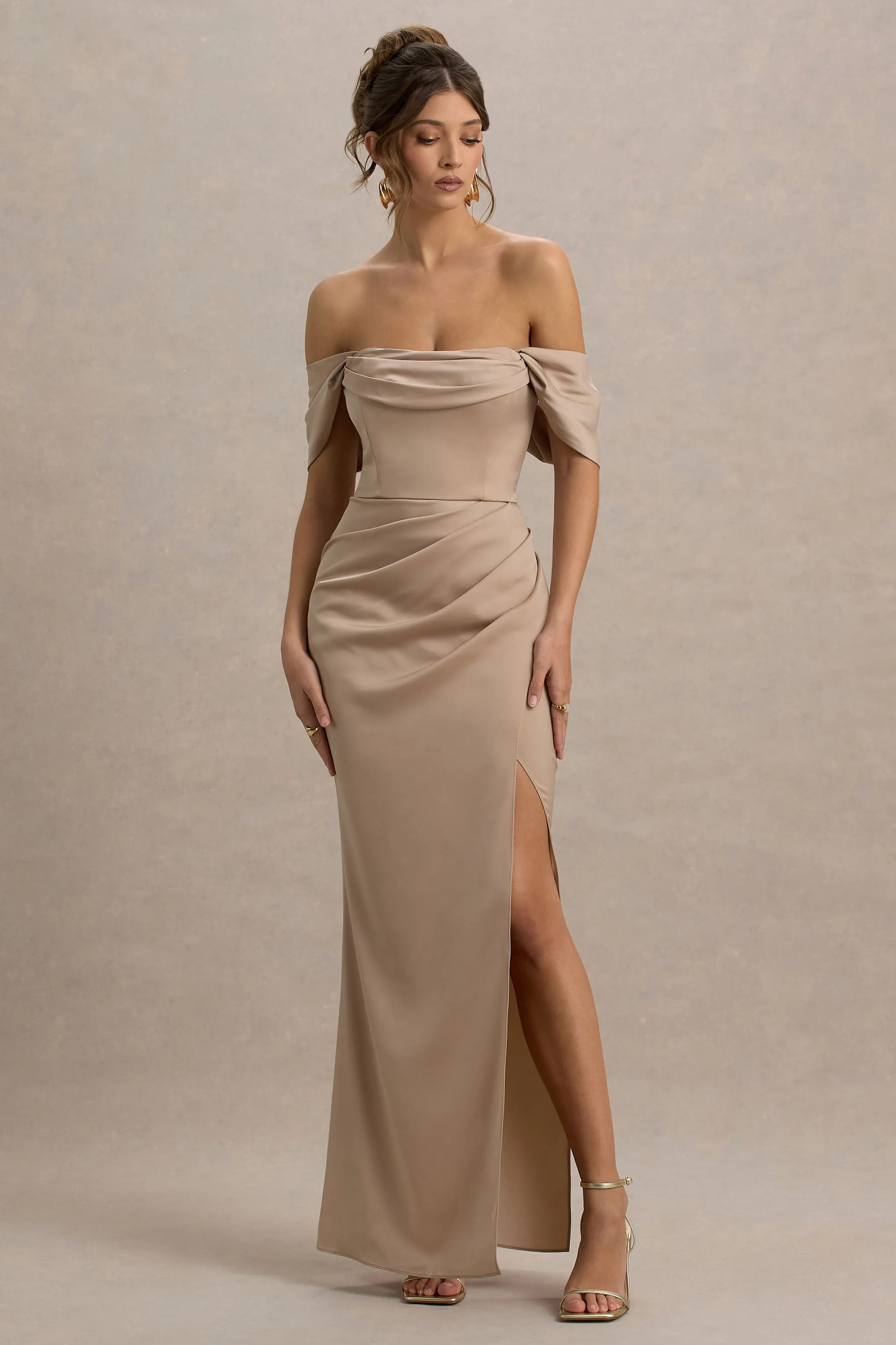 Annie | Champagne Satin Bardot Maxi Dress With Split Wrap Skirt sold by Club L London product image thumbnail 5