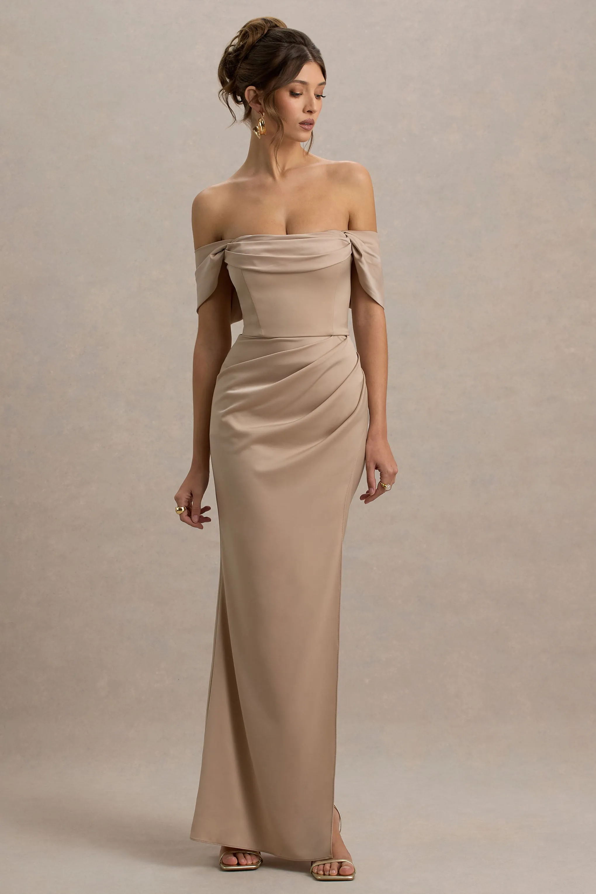 Annie | Champagne Satin Bardot Maxi Dress With Split Wrap Skirt sold by Club L London