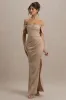 Annie | Champagne Satin Bardot Maxi Dress With Split Wrap Skirt sold by Club L London