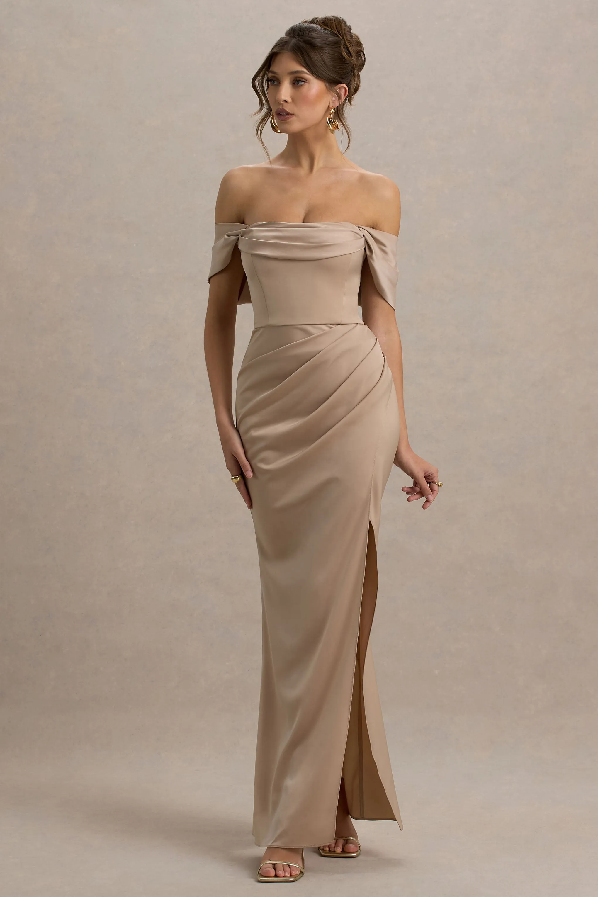 Annie | Champagne Satin Bardot Maxi Dress With Split Wrap Skirt sold by Club L London product image thumbnail 4