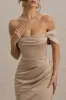 Annie | Champagne Satin Bardot Maxi Dress With Split Wrap Skirt sold by Club L London