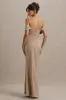Annie | Champagne Satin Bardot Maxi Dress With Split Wrap Skirt sold by Club L London