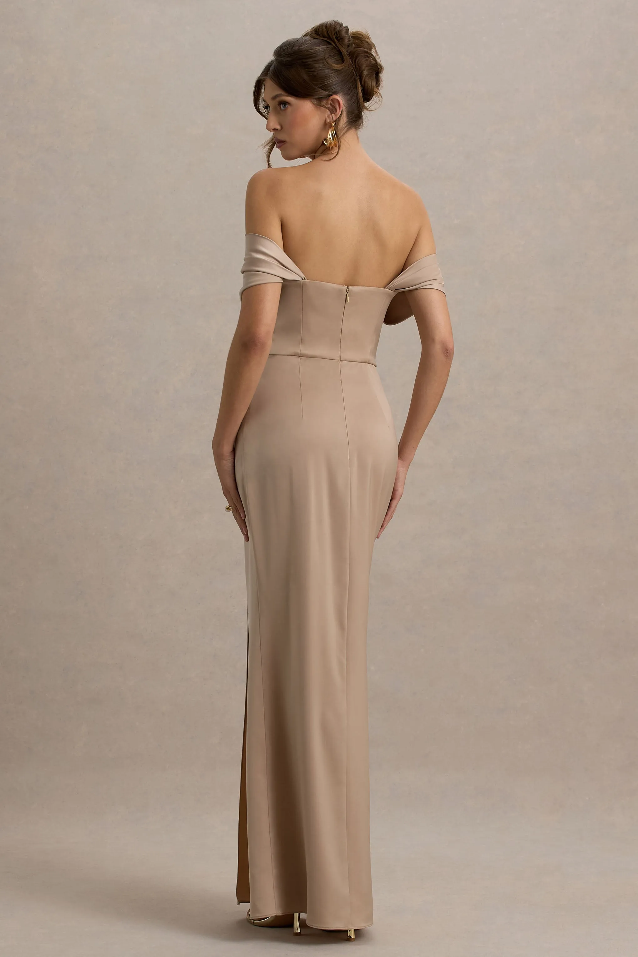 Annie | Champagne Satin Bardot Maxi Dress With Split Wrap Skirt sold by Club L London product image thumbnail 2