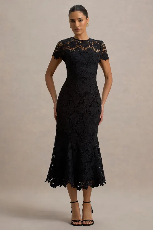 Clarissa | Black Lace Short-Sleeve Pleated Midi Dress sold by Club L London