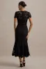 Clarissa | Black Lace Short-Sleeve Pleated Midi Dress sold by Club L London
