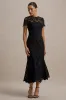 Clarissa | Black Lace Short-Sleeve Pleated Midi Dress sold by Club L London