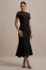 Clarissa | Black Lace Short-Sleeve Pleated Midi Dress sold by Club L London