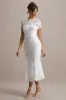 Clarissa | White Lace Short-Sleeve Pleated Midi Dress sold by Club L London