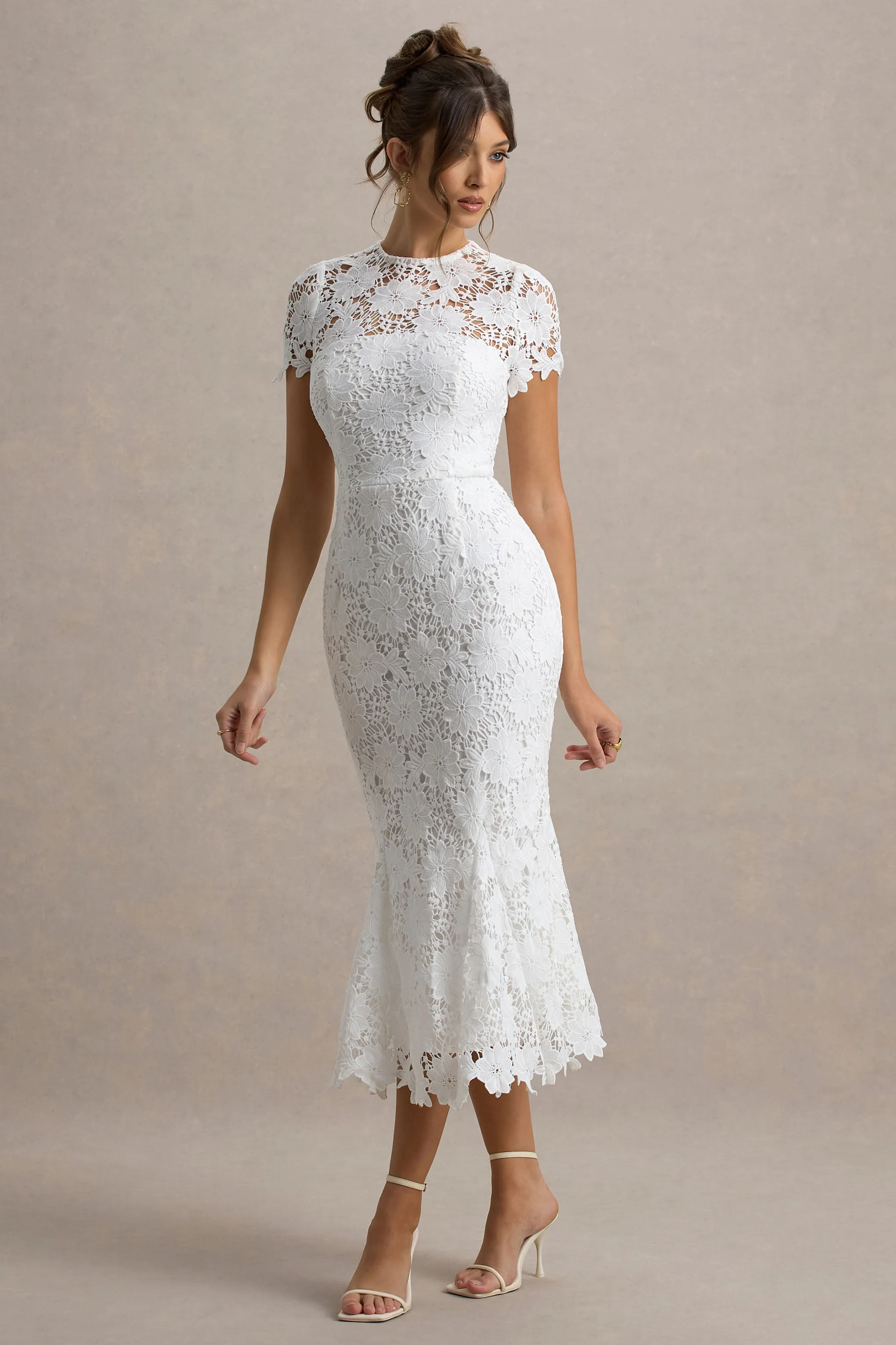 Clarissa | White Lace Short-Sleeve Pleated Midi Dress sold by Club L London product image thumbnail 4
