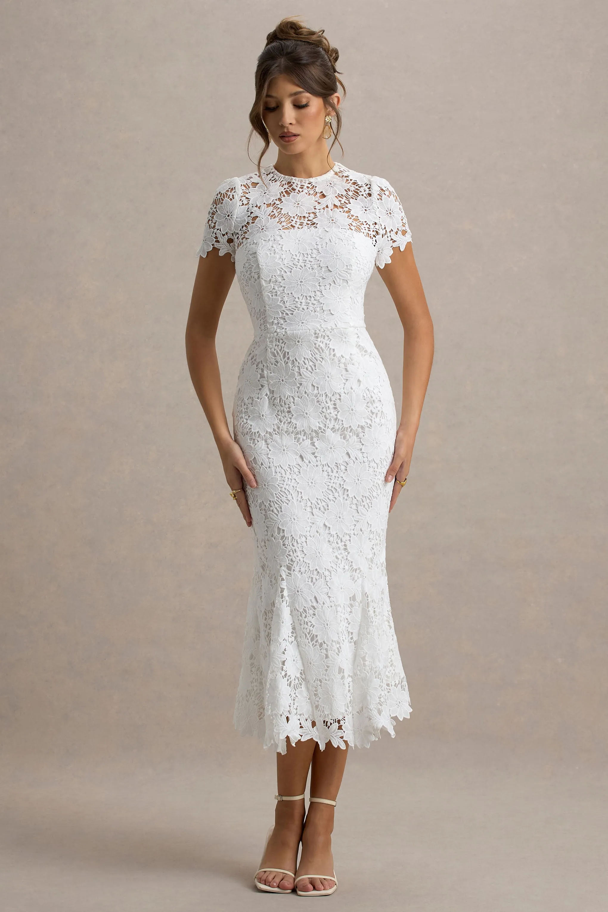 Clarissa | White Lace Short-Sleeve Pleated Midi Dress sold by Club L London