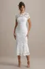 Clarissa | White Lace Short-Sleeve Pleated Midi Dress sold by Club L London