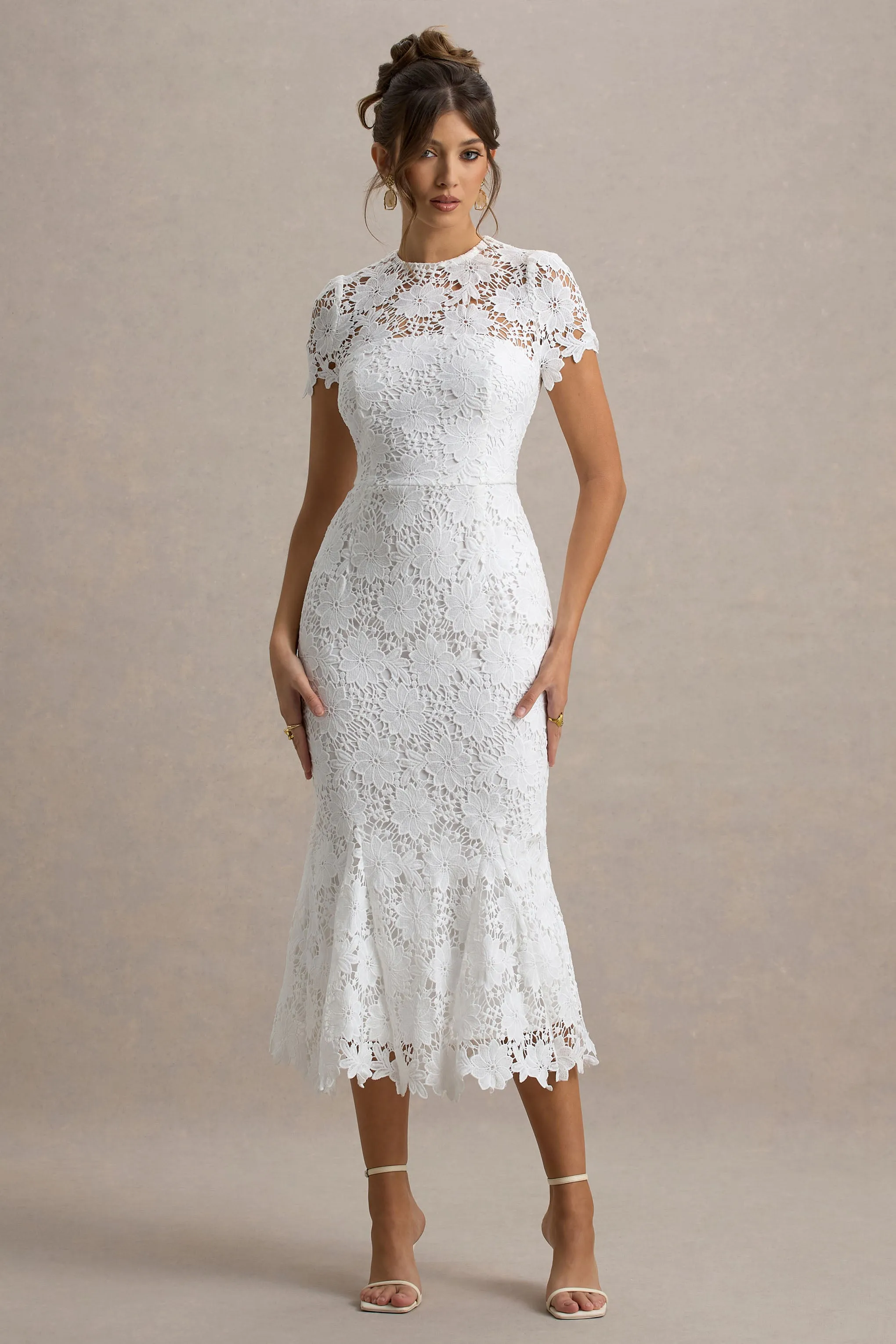Clarissa | White Lace Short-Sleeve Pleated Midi Dress sold by Club L London product image thumbnail 5
