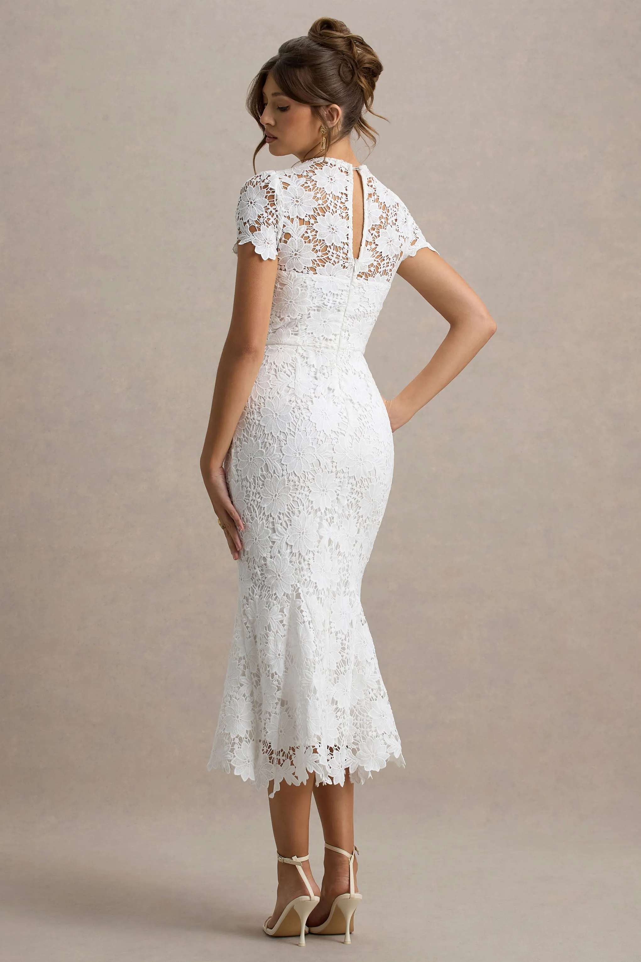 Clarissa | White Lace Short-Sleeve Pleated Midi Dress sold by Club L London product image thumbnail 2